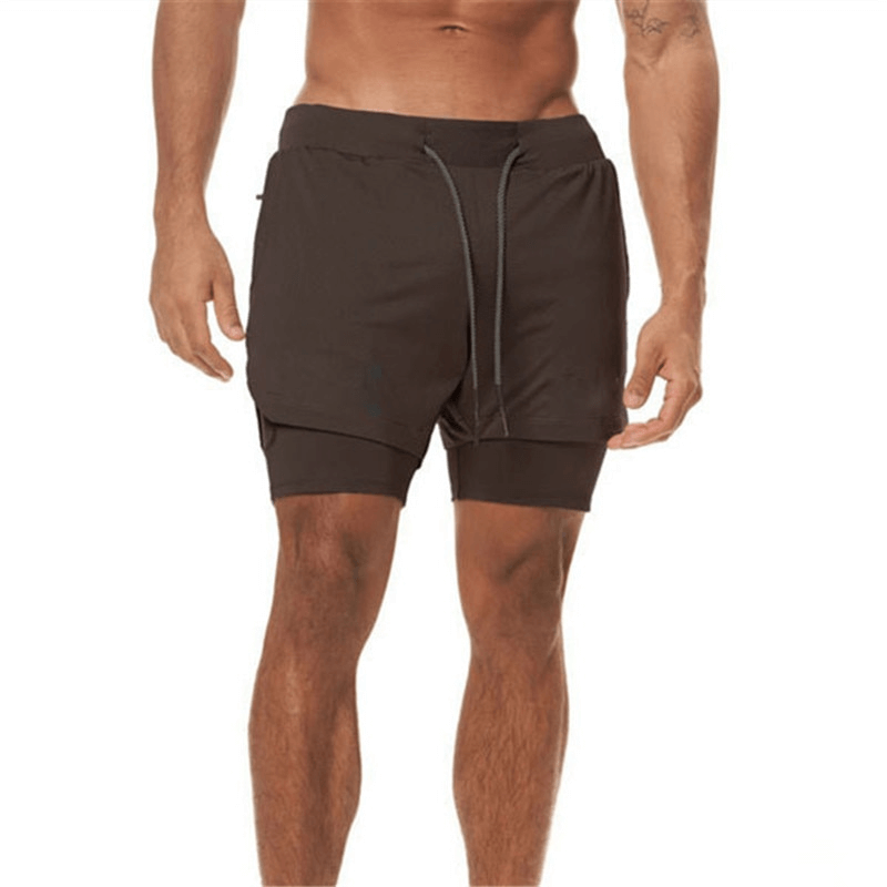 Elastic Fitness Running Double Shorts with Phone Pocket, quick-drying polyester, black, 2 in 1 design for intense training - SF0938